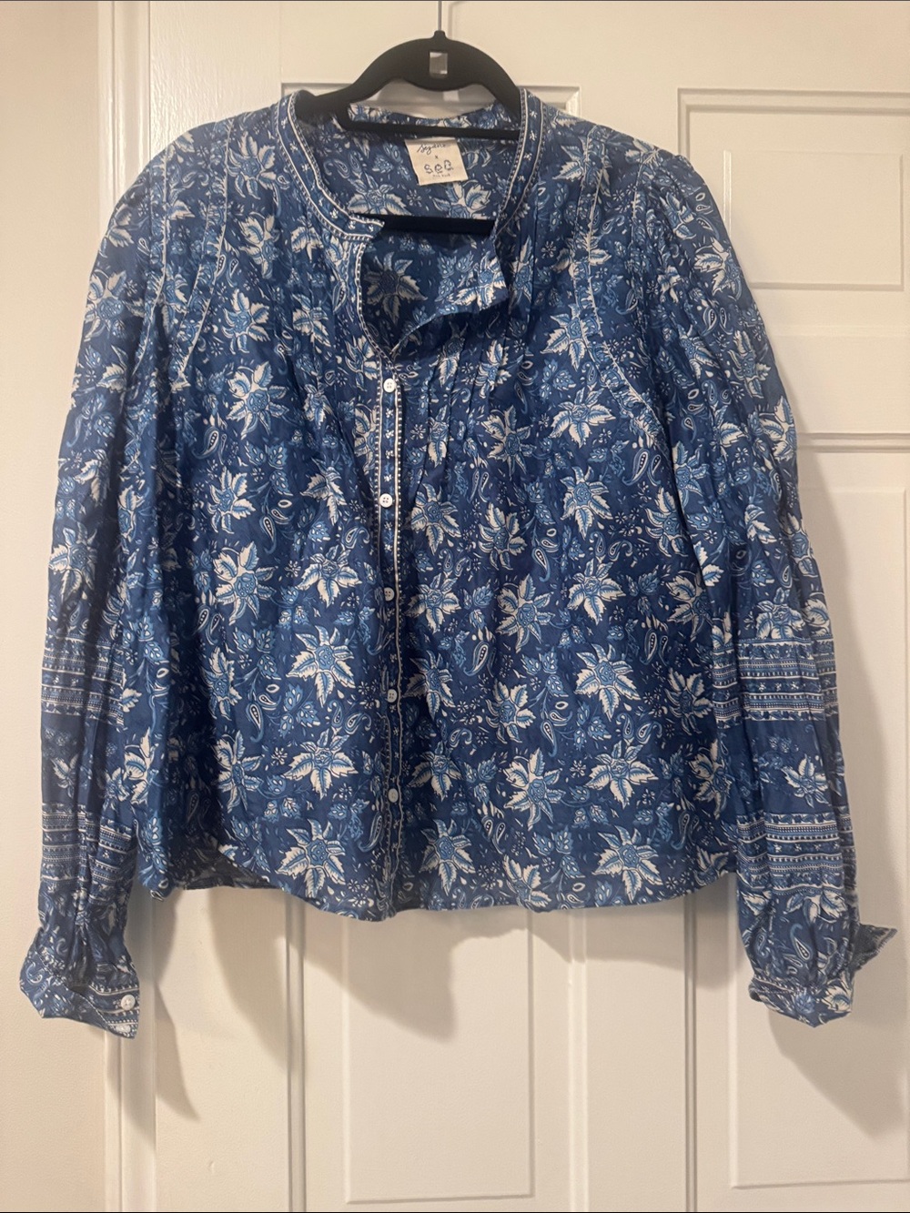Sea x Sezane Navy and White Floral Button-Down Blouse